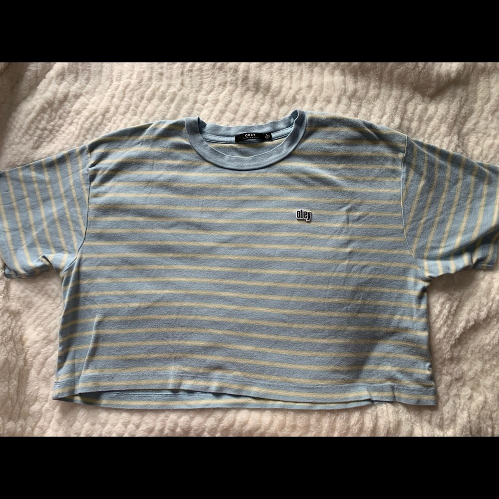 Blue and Yellow Striped Obey Cropped Tee-Shirt
